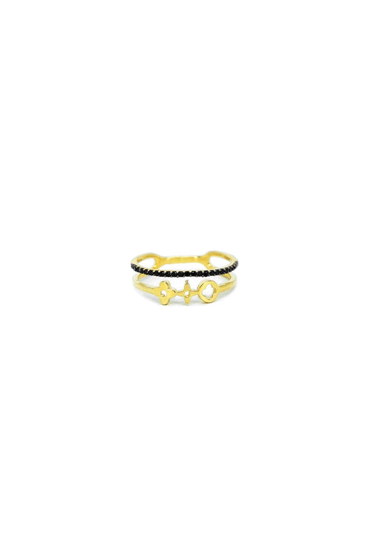 Anillo de 10 kilates de doble brazo con zirconias negras y flores lisas..png