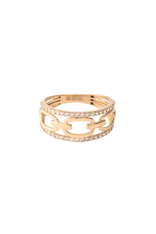 Anillo de oro sólido en 10 kilates con doble fila de zirconias biseladas y centro eslabones tipo cadena lisa..png