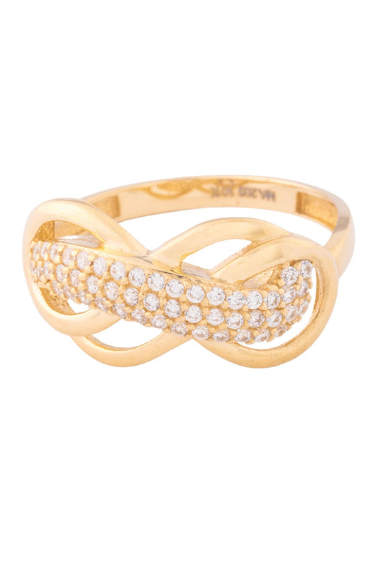 Anillo de oro solido en 10 kilates con dos infinitos entrelazados y en el centro tres linea de zirconia.png