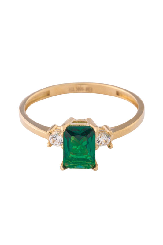 Anillo de oro solido en 10 kilates con dos piedras blancas pequeñas y en el centro una cuadrada grande verde.png