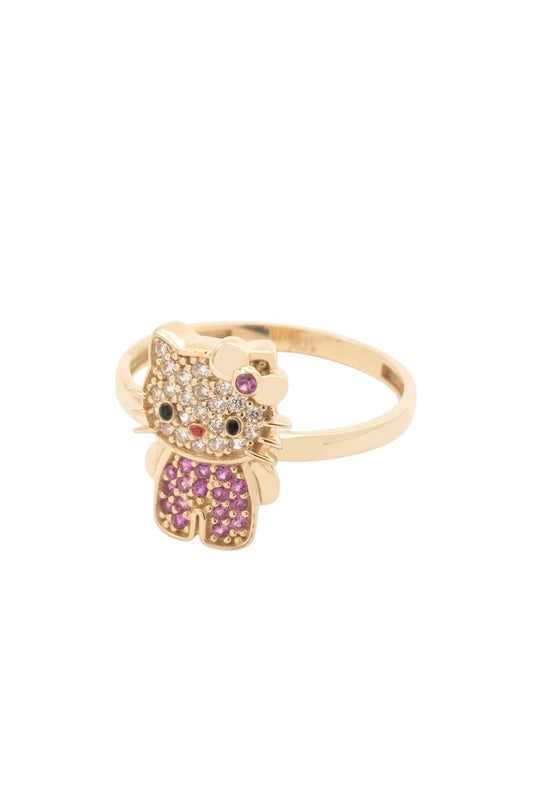 Anillo de oro sólido en 10 kilates con figura de kitty tupida de zirconias en color rosa y blancas..png