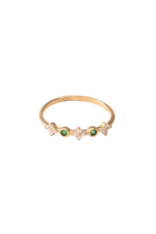 Anillo de oro sólido en 10 kilates con flor de cuatro pétalos de zirconia y zirconia verde intercalada..png