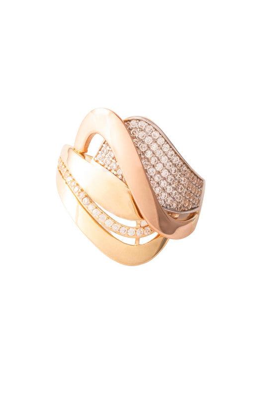 Anillo de oro sólido en 10 kilates con forma de ondas gruesas en oro amarillo, oro rosa liso y oro blanco tupido de zirconias..png