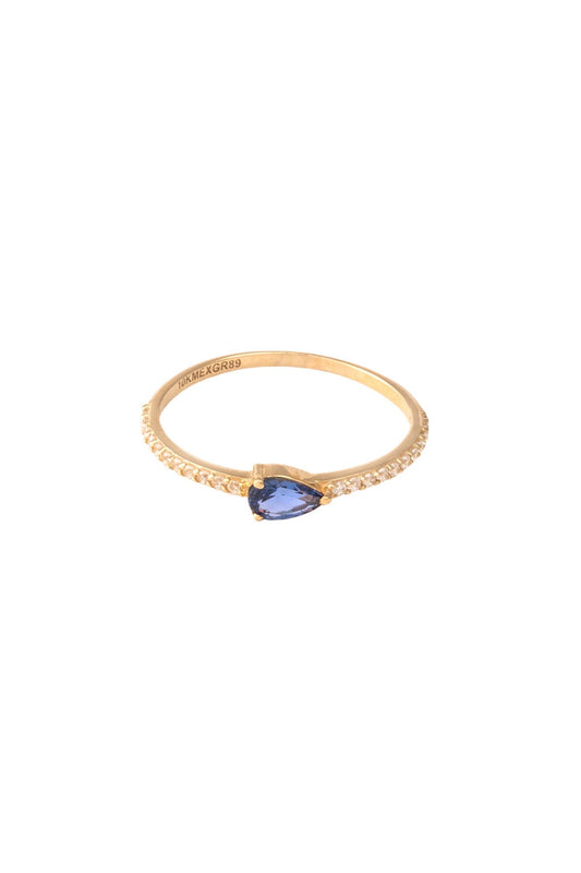 Anillo de oro sólido en 10 kilates con media churumbela y zirconia azul en forma de gota al centro..png