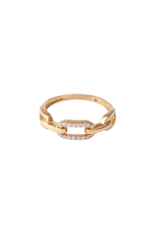 Anillo de oro sólido en 10 kilates con tres eslabones de cadena liso y central de zirconias..png