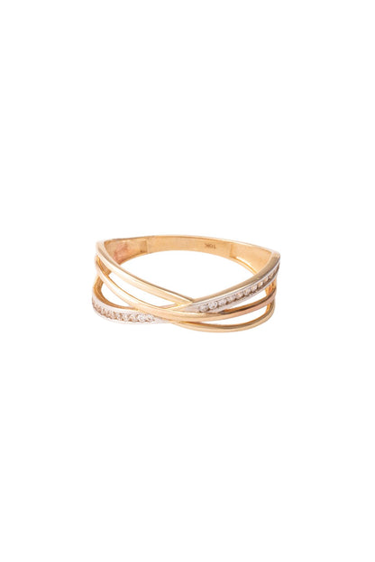 Anillo de oro sólido en 10 kilates con tres hileras enlazadas de oro amarillo, oro rosa y oro blanco con zirconias..png