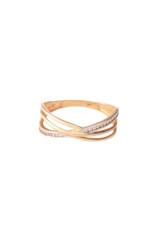 Anillo de oro sólido en 10 kilates con tres hileras enlazadas de oro amarillo, oro rosa y oro blanco con zirconias..png
