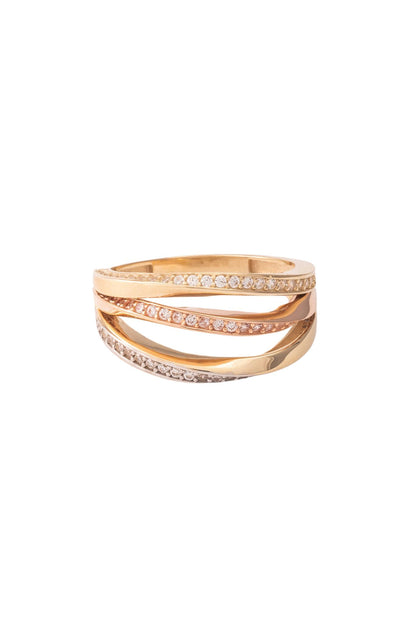 Anillo de oro sólido en 10 kilates con tres hileras mitad lisas y mitad de zirconias en oro amarillo, oro rosa y oro blanco..png