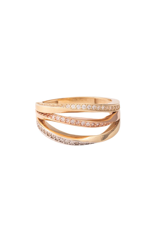 Anillo de oro sólido en 10 kilates con tres hileras mitad lisas y mitad de zirconias en oro amarillo, oro rosa y oro blanco..png