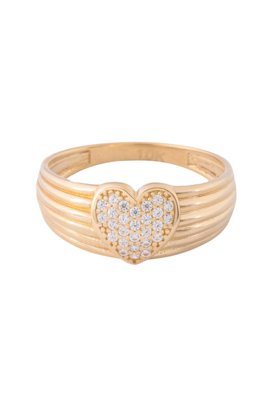 Anillo de oro solido en 10 kilates con un controno de seis lineas lisas delgadas con un corazón en el centro de zirconias.png