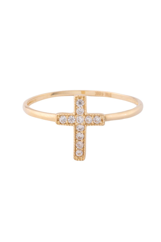 Anillo de oro solido en 10 kilates con un cruz en el centro de zirconia.png