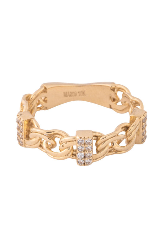 Anillo de oro solido en 10 kilates con un estilo cruzado de candado con una parte con zirconia y la otra lisa .png