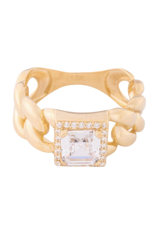 Anillo de oro solido en 10 kilates con un estilo cruzado y una piedra cuadrada en el centro .png