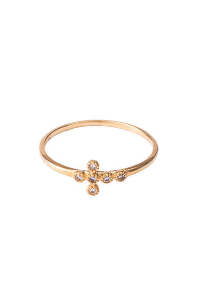 Anillo de oro solido en 10 kilates con una cruz estilo bolitas de zirconia en el centro .png
