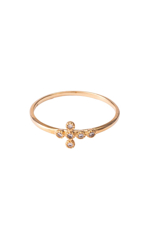 Anillo de oro solido en 10 kilates con una cruz estilo bolitas de zirconia en el centro .png