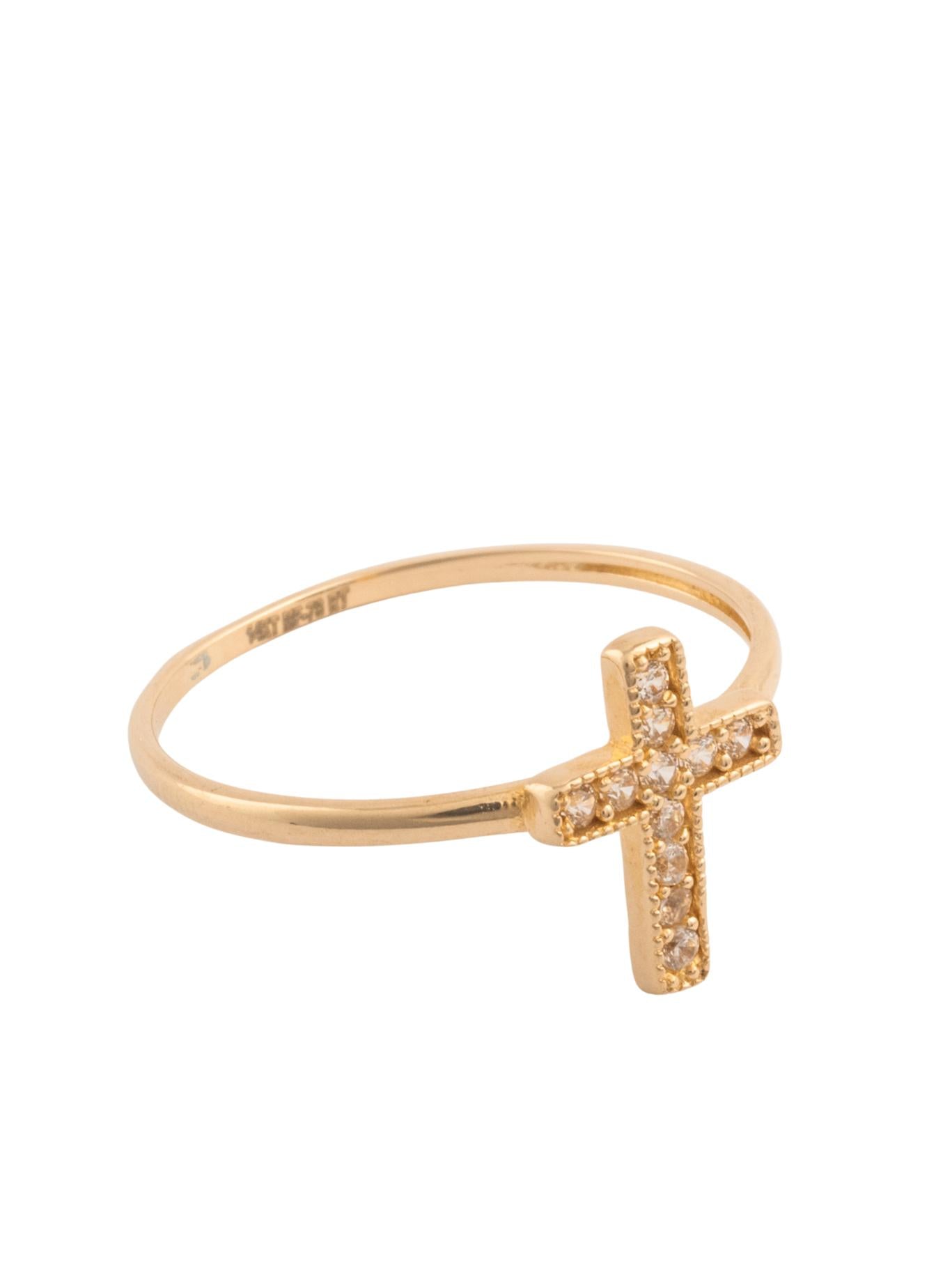 Anillo de oro sólido en 14 kilates con cruz central de zirconias y contorno bolitas mini lisas..png