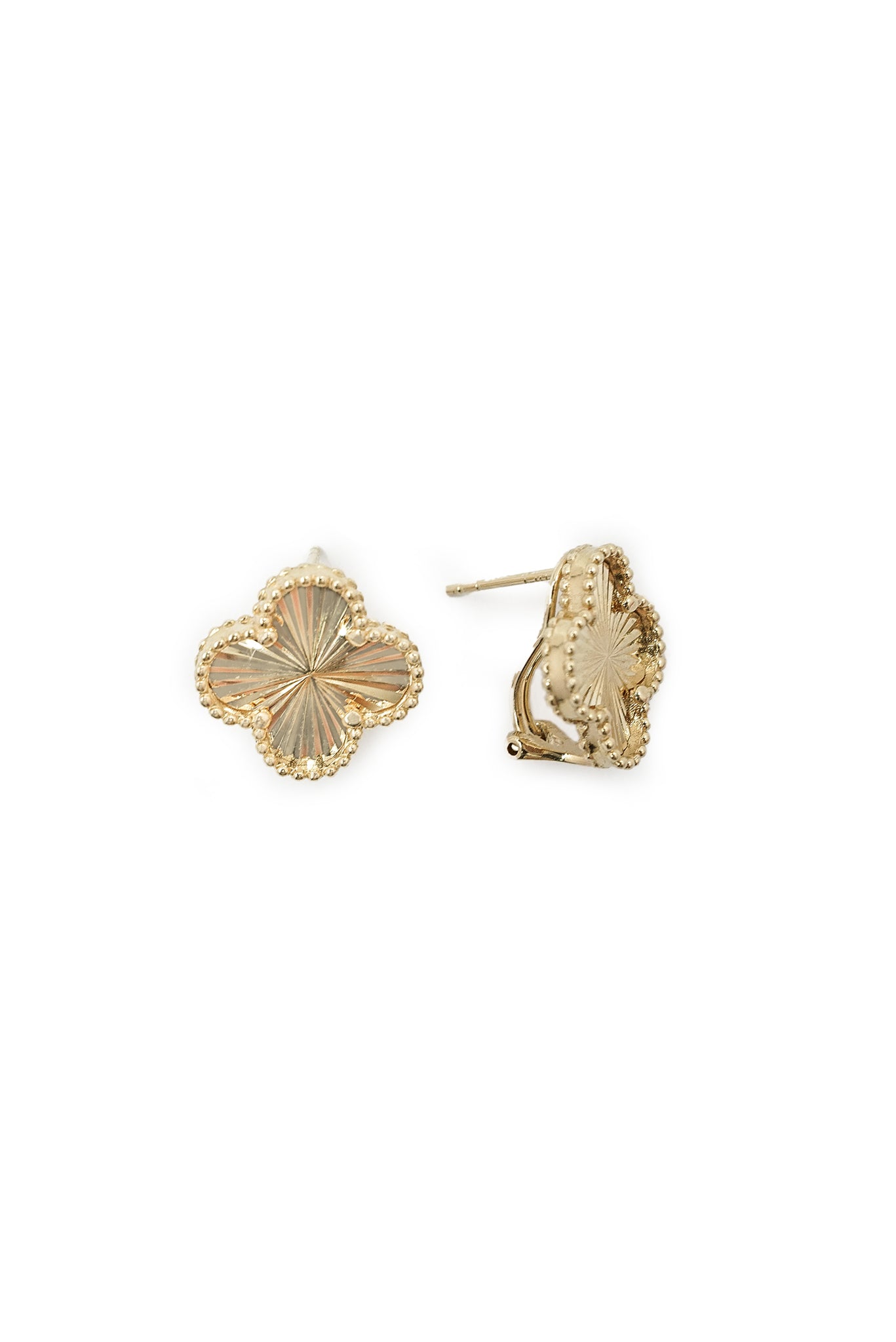 Arete 10 kilates flor cuatro pétalos diamantado y broche clip..png