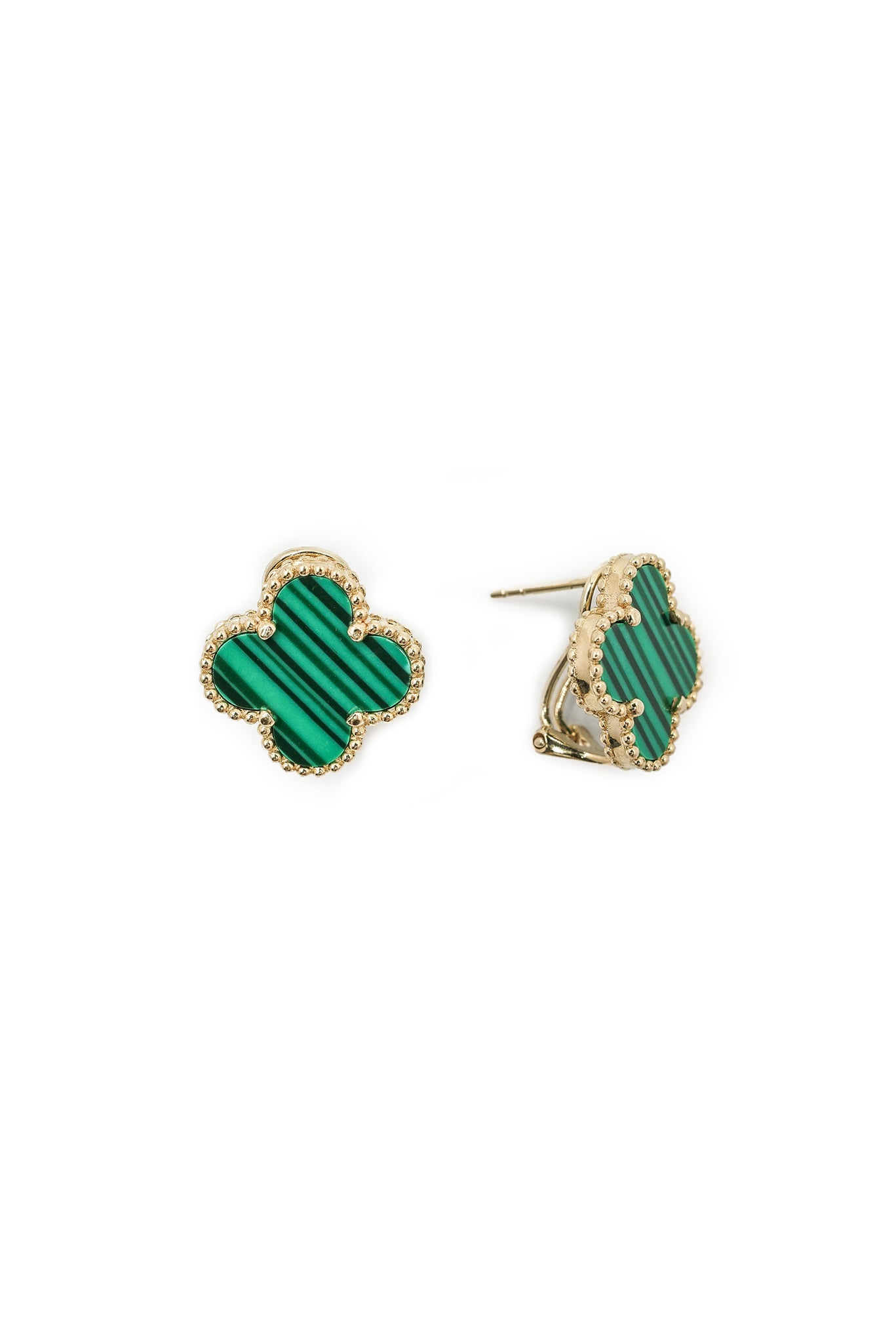 Arete 10 kilates flor cuatro pétalos verdes y broche clip..png
