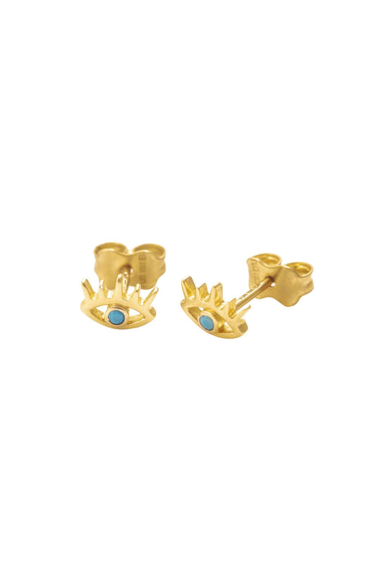 Arete de oro solido de 10 kilates con forma de ojo y un punto azul en el centro.png