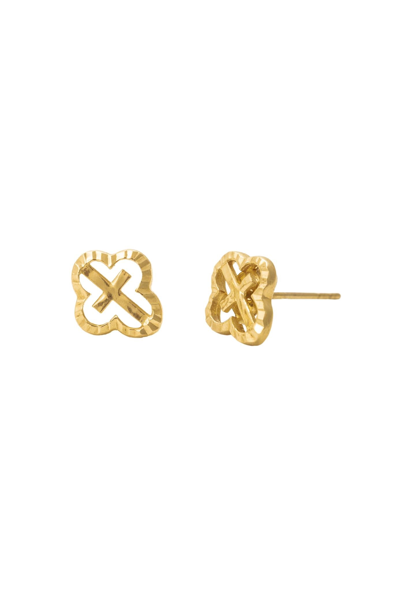 Arete de oro solido de 10 kilates con una cruz con un contorno hueco estilo diamantado .png
