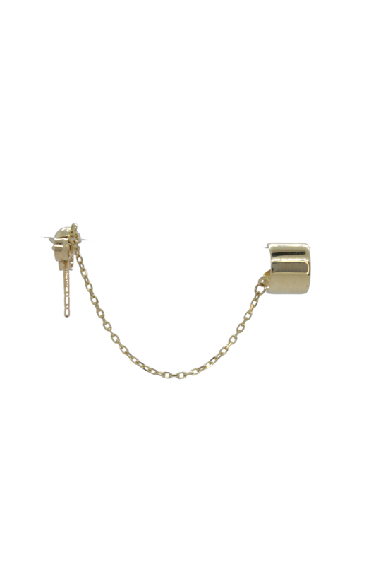 Arete de oro solido de 14 kilates con una cadena a un extremo.png