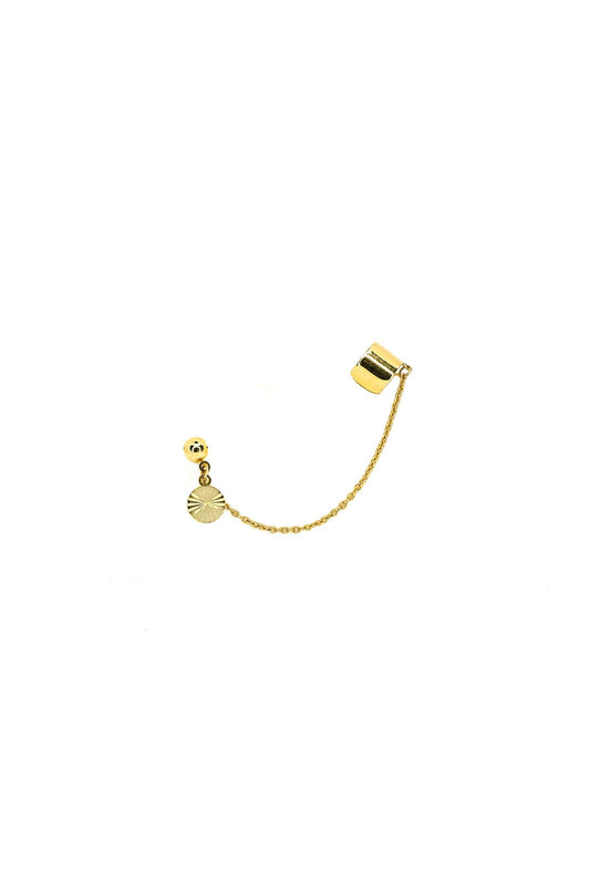 Arete de oro solido de 14 kilates con una cadena a un extremo y una circulo colgando .png