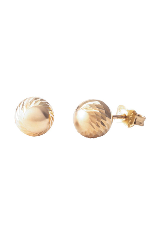 Arete de oro solido en 10 kilates con forma de bola diamantado pero parte de arriba lisa.png