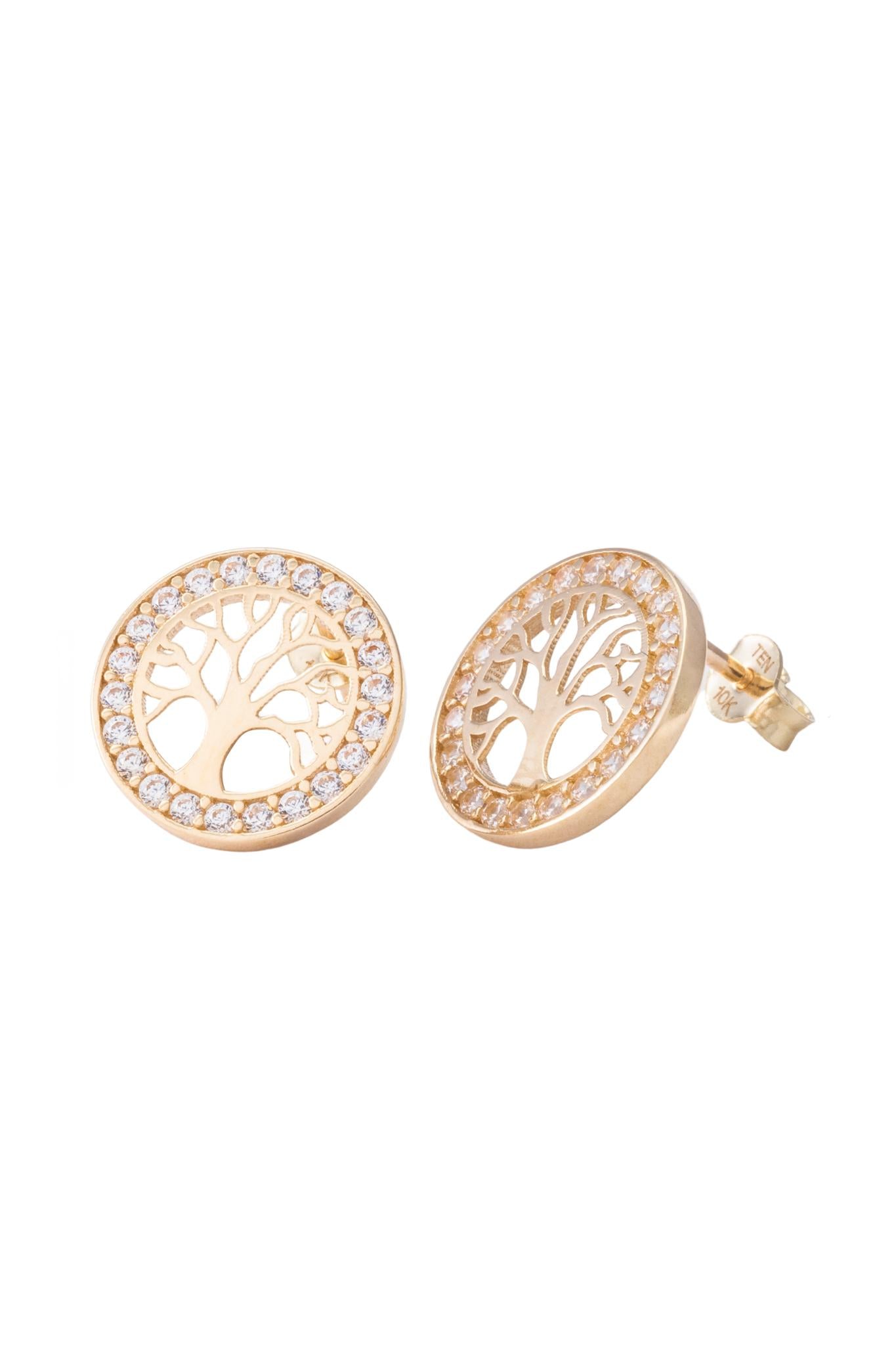 Arete de oro solido en 10 kilates con forma de circulo con  un contorno de zirconia y en el centro un contorno de un arbol.png