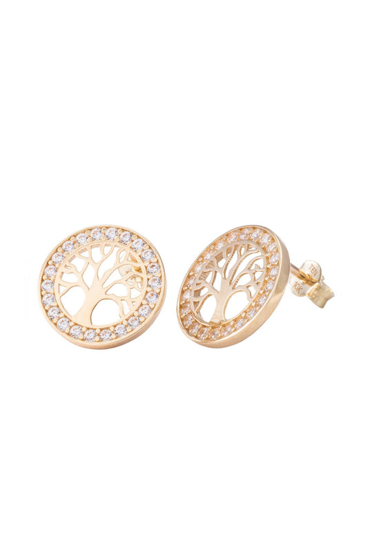Arete de oro solido en 10 kilates con forma de circulo con  un contorno de zirconia y en el centro un contorno de un arbol.png