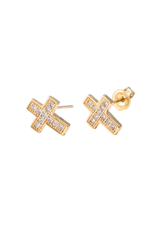 Arete de oro solido en 10 kilates con forma de cruz con zirconia con un contorno dorado .png