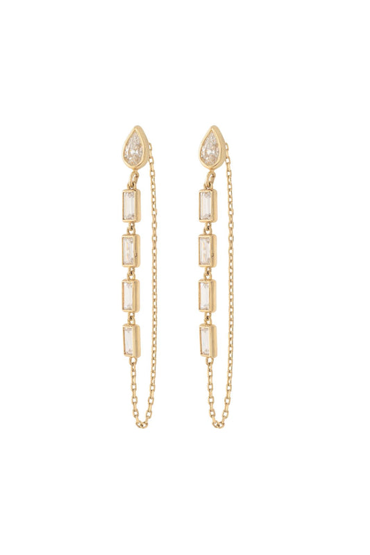 Arete de oro solido en 10 kilates con forma de gota de zirconia con un contorno de oro y congando una cadena con 4 zirconias rectangulares colgando .png