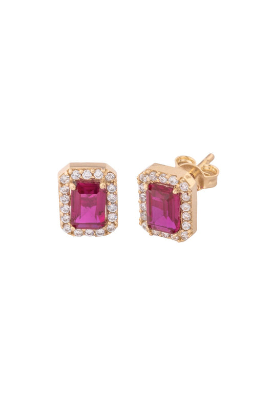 Arete de oro solido en 10 kilates con forma de rectangulo en el contorno una linea de zirconia y en el centro una piedra rojo.png