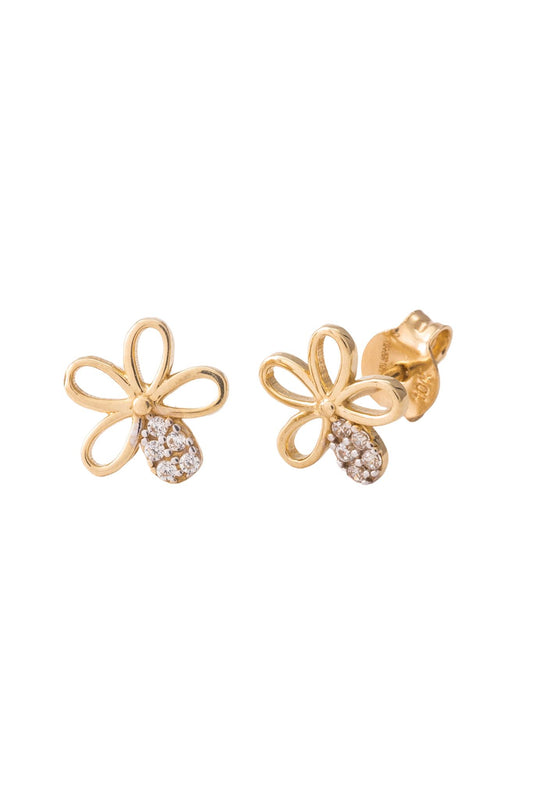 Arete de oro solido en 10 kilates con un contorno de flor y un petalo con zirconias.png