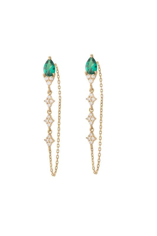 Arete de oro solido en 10 kilates con una zirconia en forma de gota color verde y por debajo tres zirconias en forma de triangulo con una cadena que da la vuelta.png