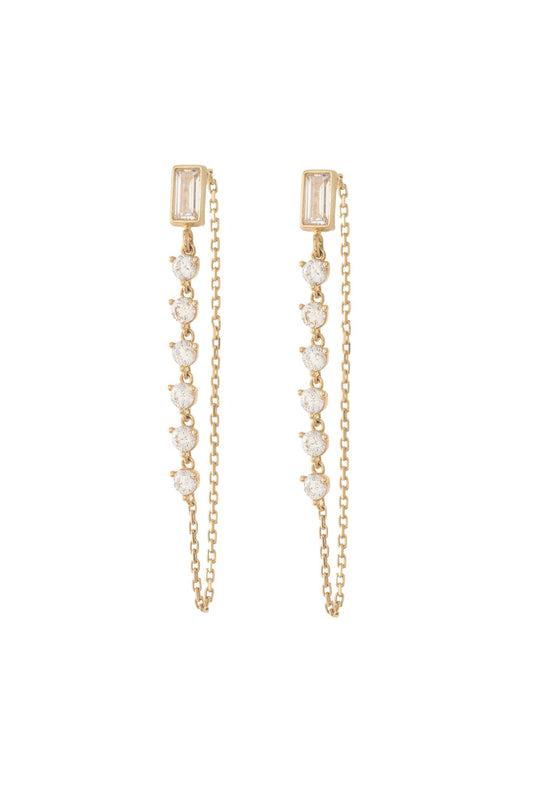 Arete de oro solido en 10 kilates con una zirconia rectangular con contorno dorado y zirconias en forma de cadena larga .png