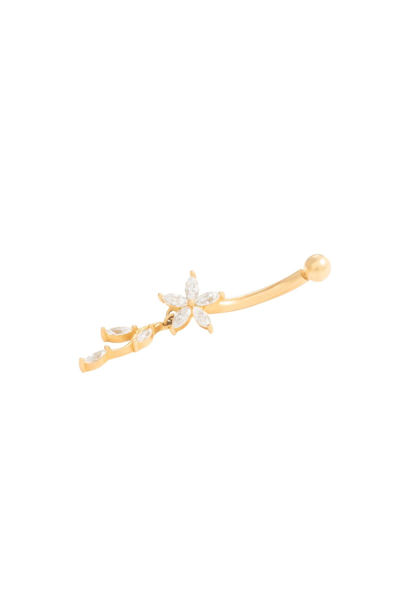 Arete ombligo en 10 kilates con flor en zirconia y rama colgante.png