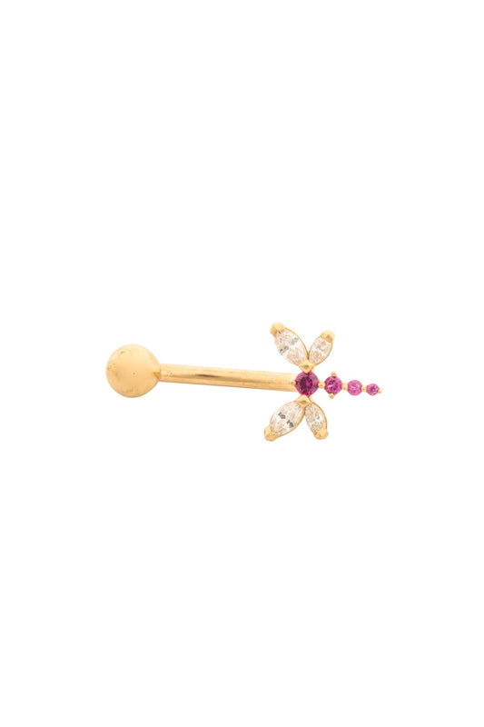 Arete ombligo en 14 kilates con libélula de zirconias blancas y rosas.png