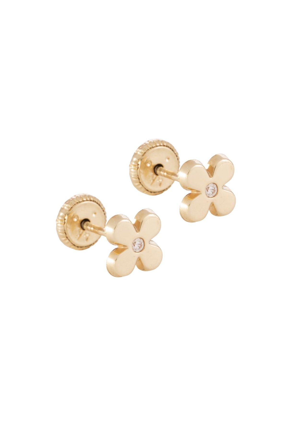 Broquel español 14 kilates, flor de cuatro pétalos lisos y centro de zirconia mini..png