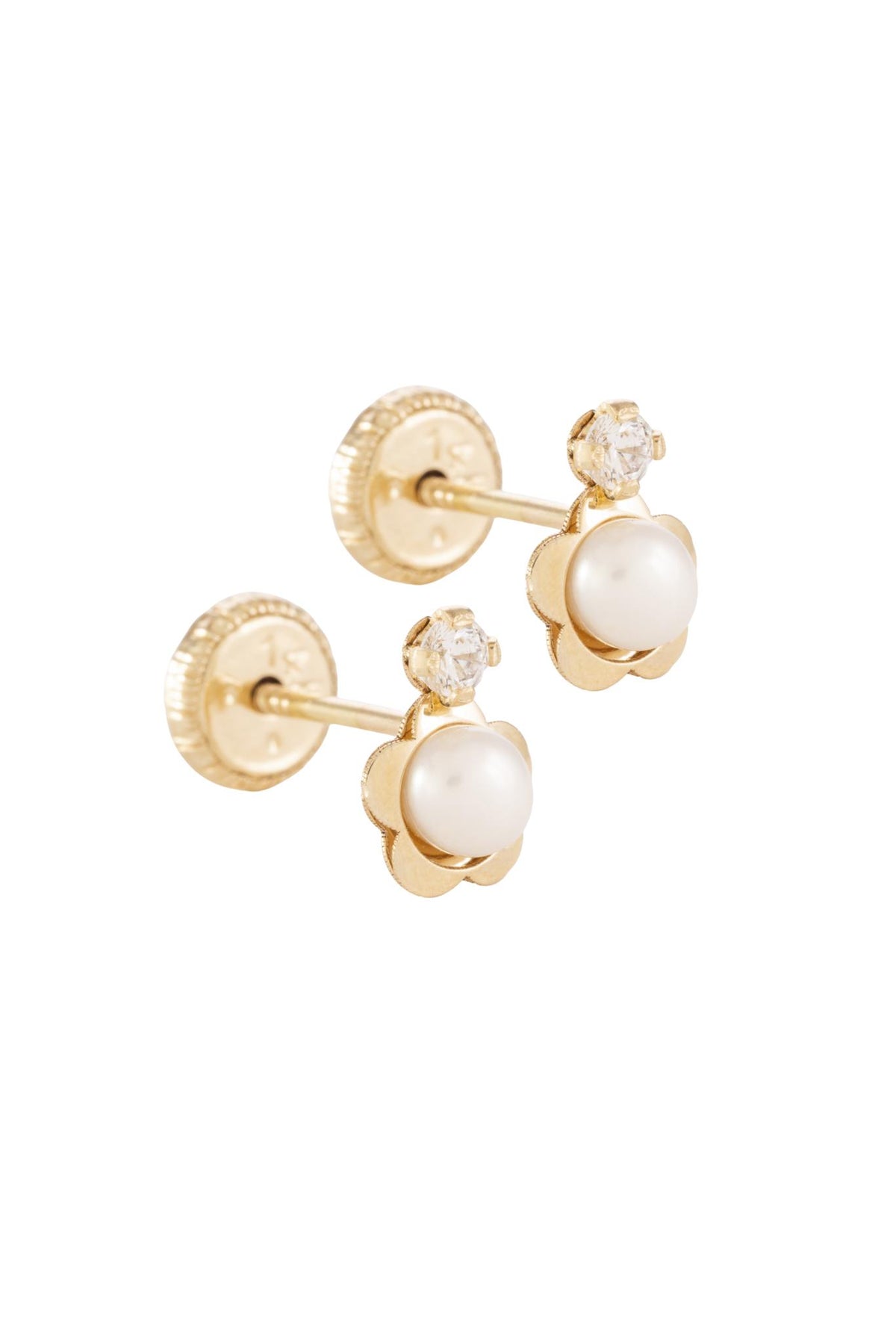 Broquel español 14 kilates, flor de oro amarillo, centro de perla y zirconia arriba..png