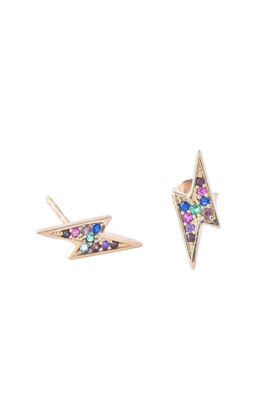 Arete de oro solido de 10 kilates con forma de rayo con zirconias de colores