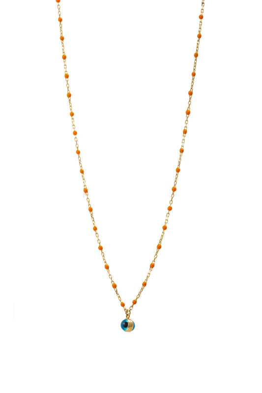 Cadena de oro solido de 10 kilates con bolitas naranjas alrededor y un ojo en el centro.png