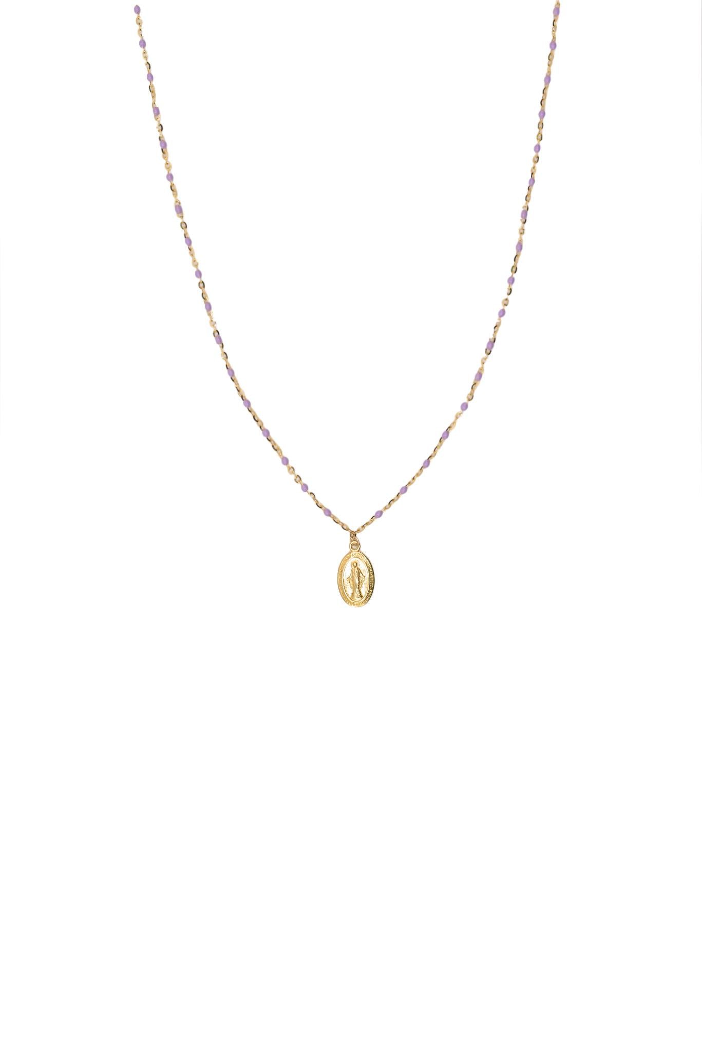 Collar de oro solido de 10 kilates con bolitas color morado y virgen milagrosa.png