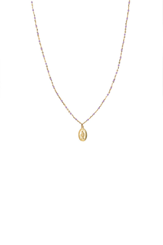 Collar de oro solido de 10 kilates con bolitas color morado y virgen milagrosa.png