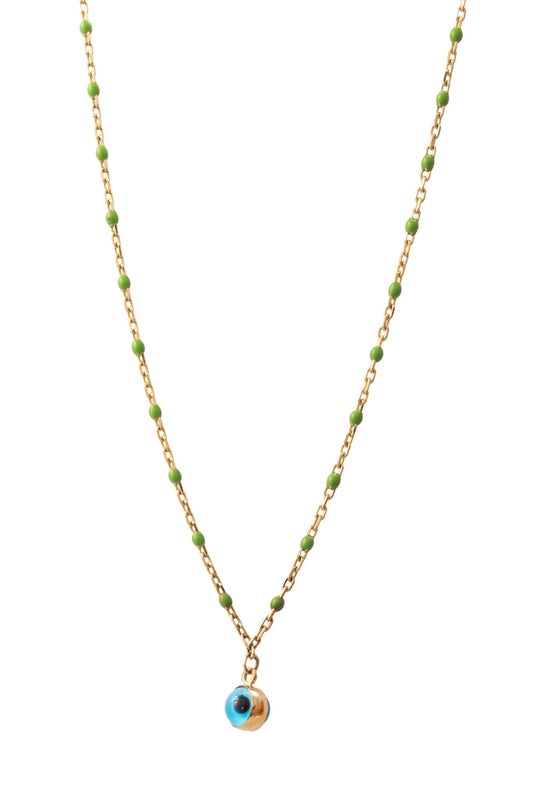 Collar de oro solido de 10 kilates con bolitas verdes al rededor y en el centro un ojo turco.png