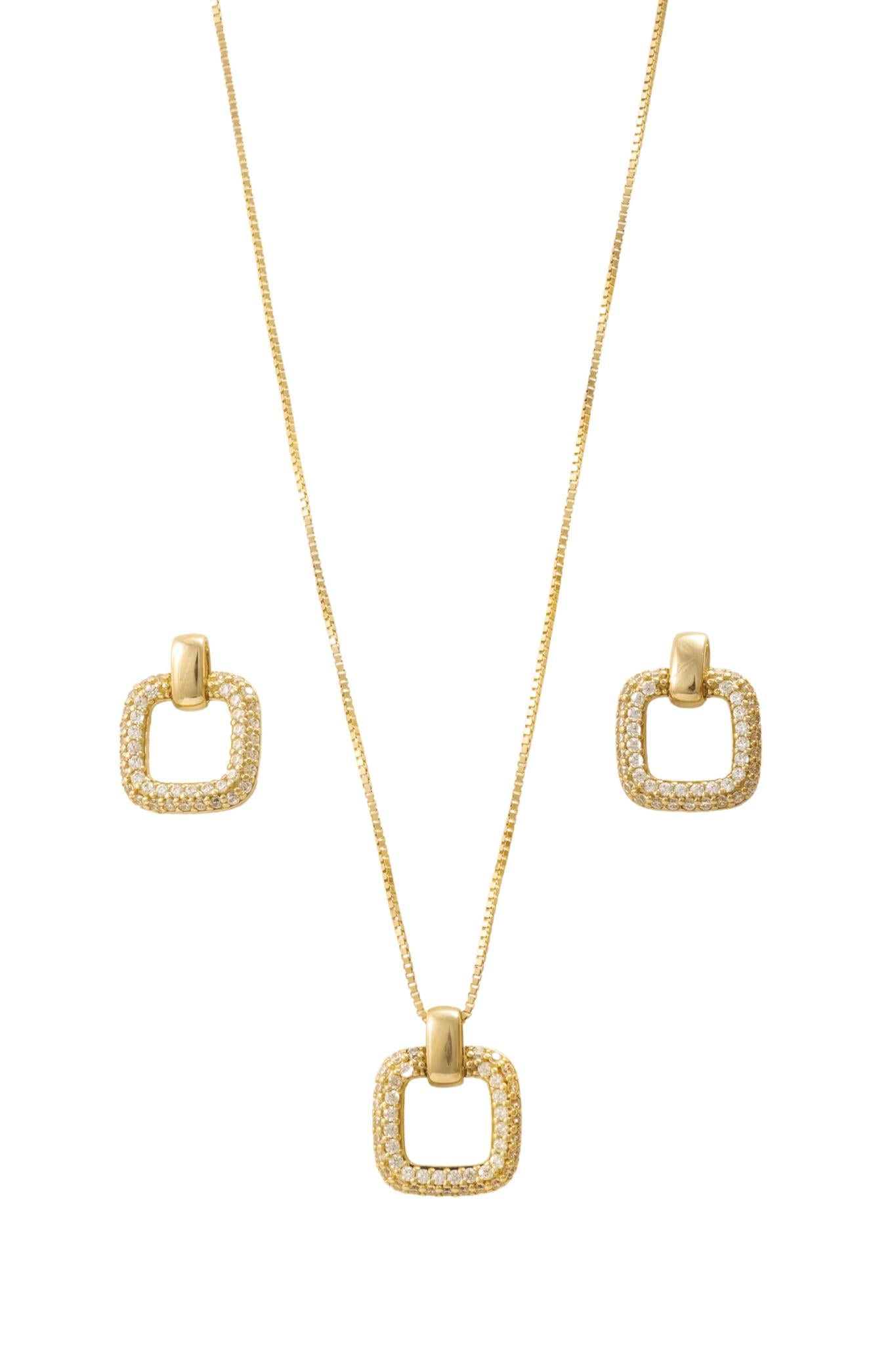 Collar de oro solido de 10 kilates con un dije cuadrado con zirconia y aretes.png