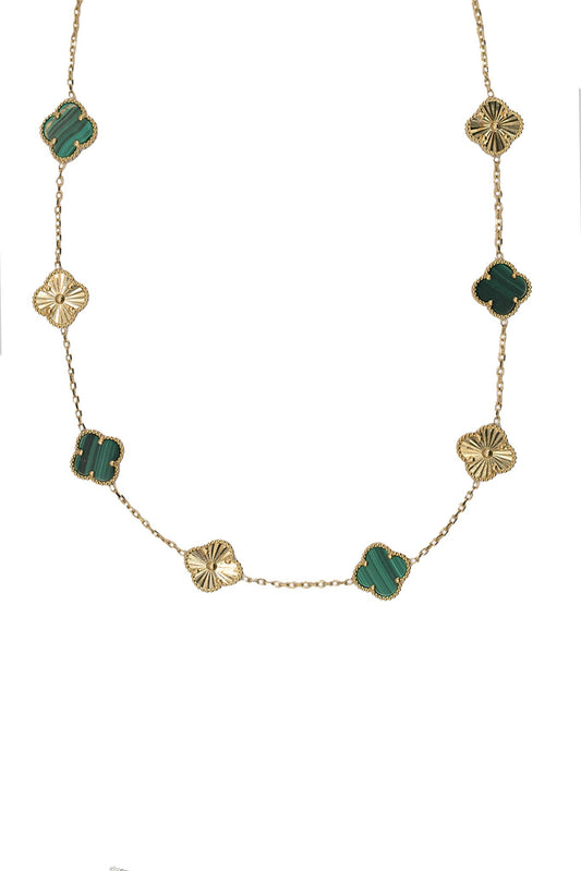 Collar de oro solido de 14 kilates con flores de color verde y diamantadas intercaladas.png