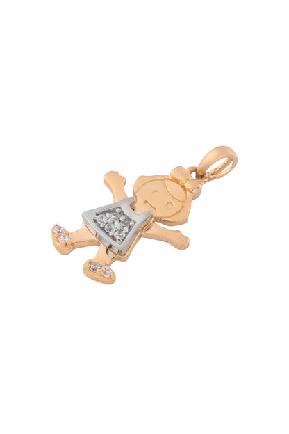 DIje de oro solido en 10 kilates con forma de niña en la area del vestido de oro blanco con zirconia.png