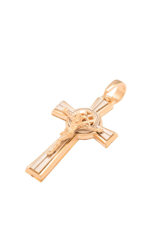 Dije 10 kilates forma de cruz decreciente en oro blanco, un círculo al centro y un Cristo dorado arriba..png