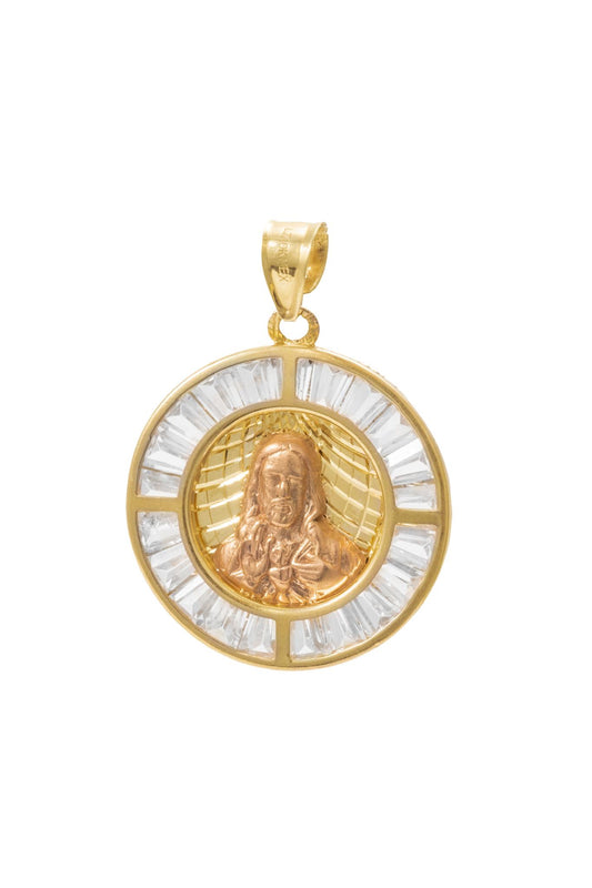 Dije de oro solido de 10 kilates con una jesus en oro rosa en el centro y con zirconia al rededor.png