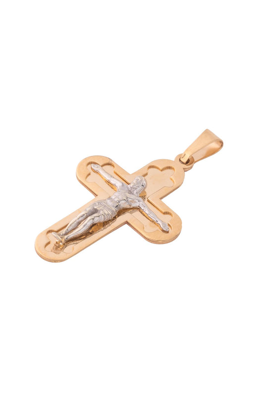 Dije de oro solido en 10 con forma de cruz medio ovalada y en la parte de en medio un cristo en oro blanco.png